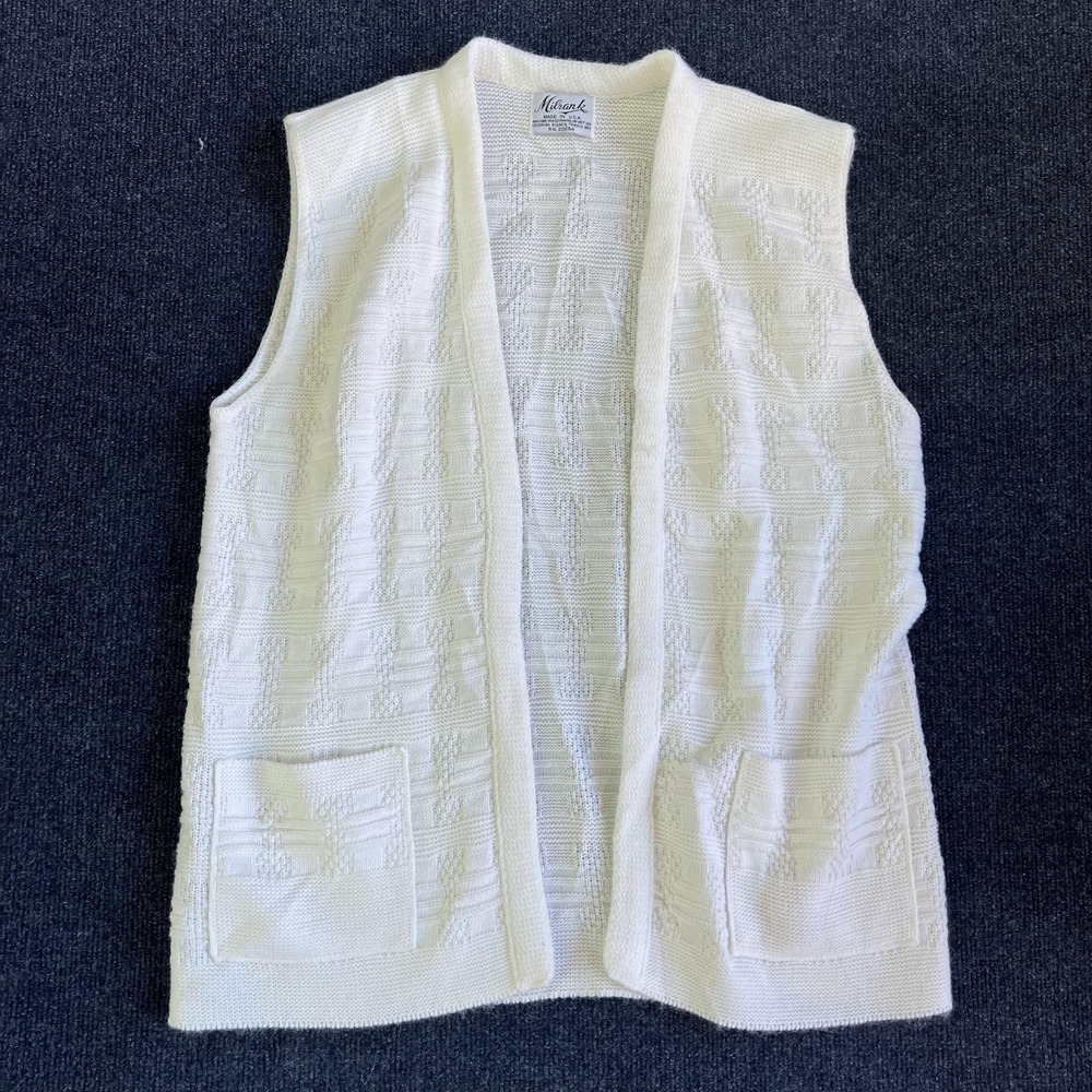 Vintage Mibrank Sweater Vest Womens‎ Large White Open Front Textured Knit USA